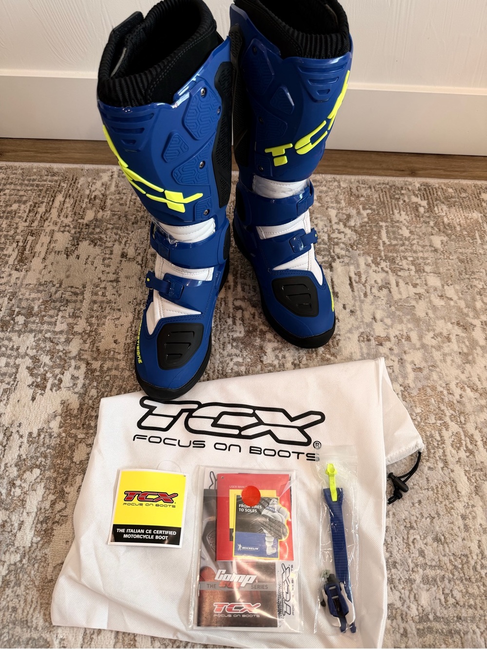 TCX Comp Evo 2 Michelin Bright Blue White Motocross Dual Sport Boots US 9 EU 43